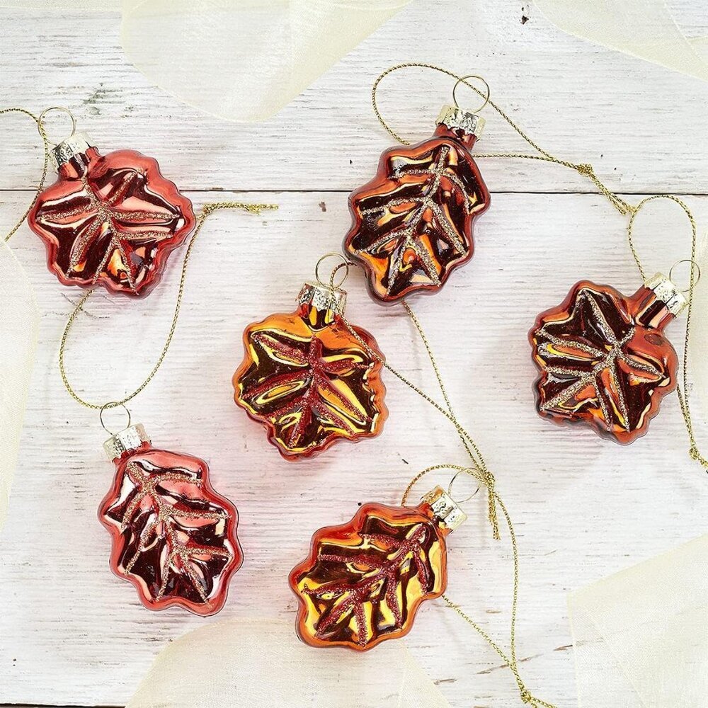 Harvest Leaves Fall Glass Ornaments - Set of 12 Glass, Autumn Ornaments, Thanksg